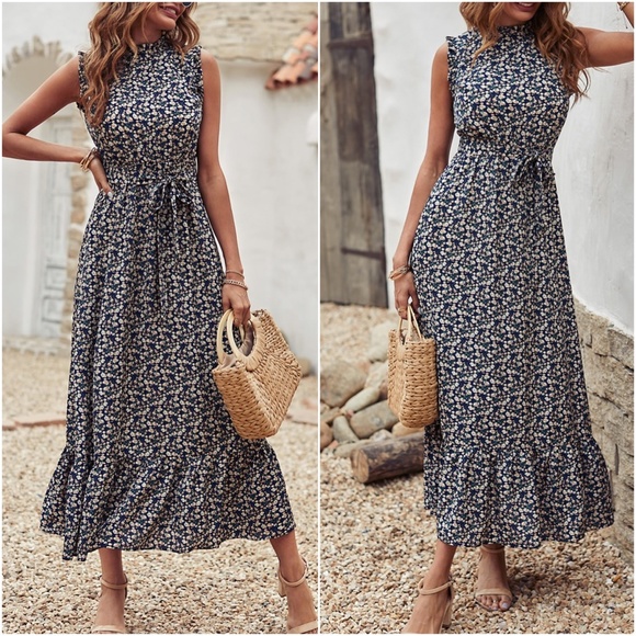Boho Floral Print Ruffle Sleeveless Maxi Dress